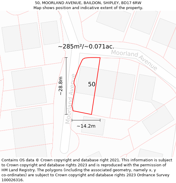 50, MOORLAND AVENUE, BAILDON, SHIPLEY, BD17 6RW: Plot and title map