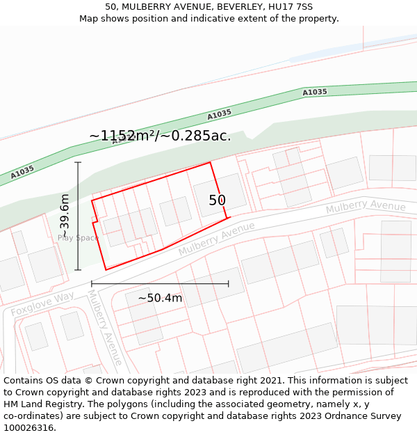 50, MULBERRY AVENUE, BEVERLEY, HU17 7SS: Plot and title map