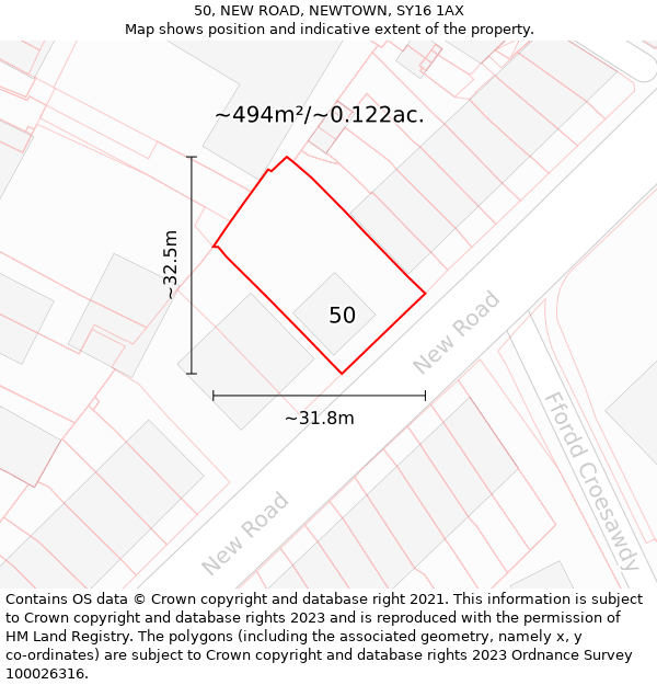 50, NEW ROAD, NEWTOWN, SY16 1AX: Plot and title map