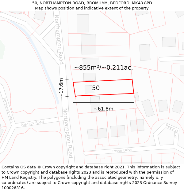 50, NORTHAMPTON ROAD, BROMHAM, BEDFORD, MK43 8PD: Plot and title map