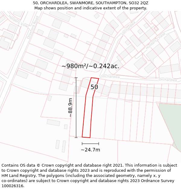 50, ORCHARDLEA, SWANMORE, SOUTHAMPTON, SO32 2QZ: Plot and title map