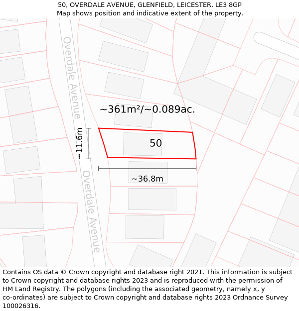 50, OVERDALE AVENUE, GLENFIELD, LEICESTER, LE3 8GP: Plot and title map