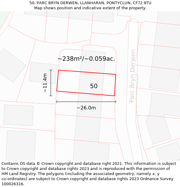 50, PARC BRYN DERWEN, LLANHARAN, PONTYCLUN, CF72 9TU: Plot and title map