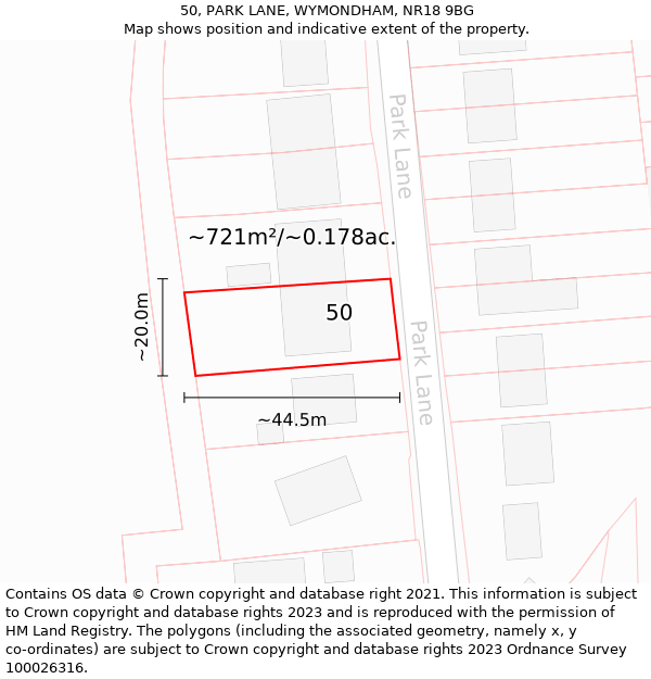 50, PARK LANE, WYMONDHAM, NR18 9BG: Plot and title map