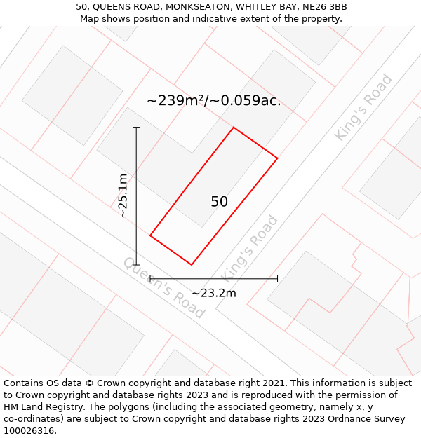 50, QUEENS ROAD, MONKSEATON, WHITLEY BAY, NE26 3BB: Plot and title map