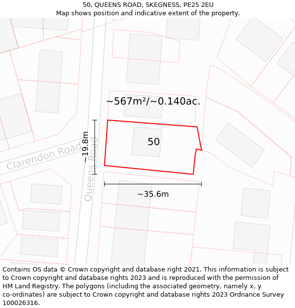 50, QUEENS ROAD, SKEGNESS, PE25 2EU: Plot and title map