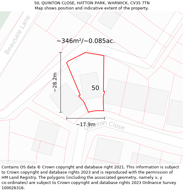 50, QUINTON CLOSE, HATTON PARK, WARWICK, CV35 7TN: Plot and title map