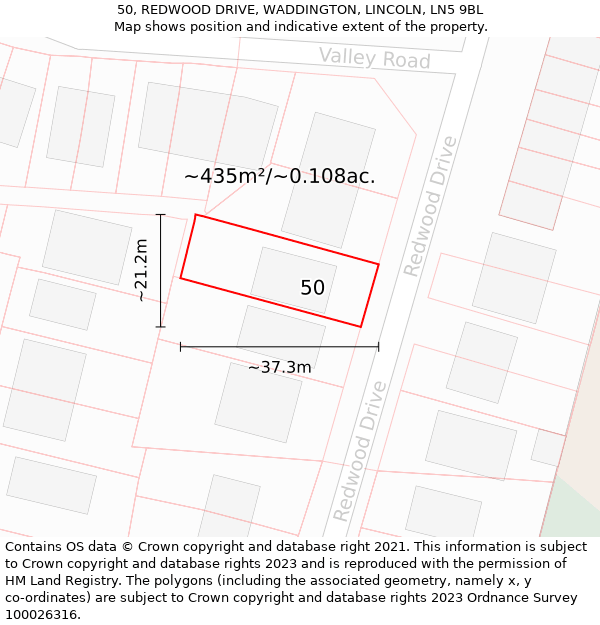 50, REDWOOD DRIVE, WADDINGTON, LINCOLN, LN5 9BL: Plot and title map