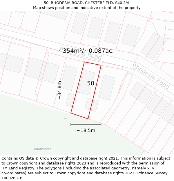 50, RHODESIA ROAD, CHESTERFIELD, S40 3AL: Plot and title map