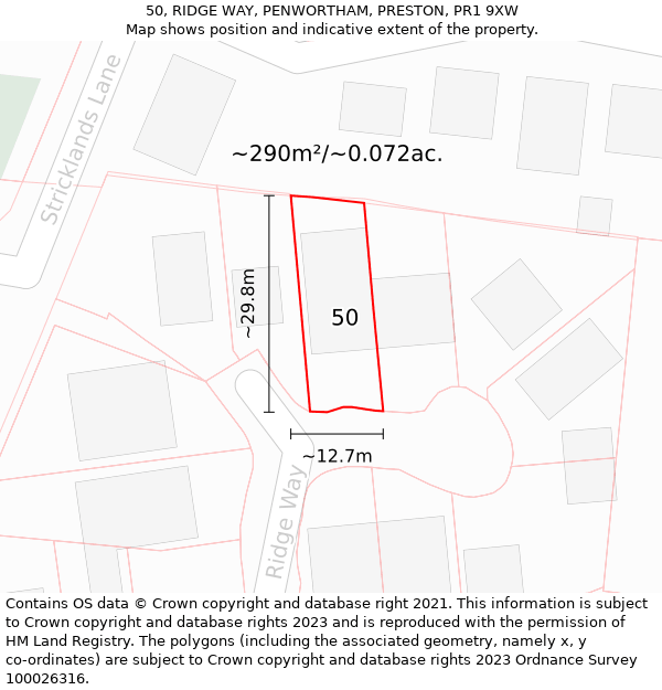 50, RIDGE WAY, PENWORTHAM, PRESTON, PR1 9XW: Plot and title map