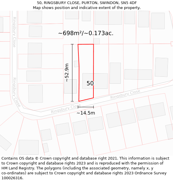 50, RINGSBURY CLOSE, PURTON, SWINDON, SN5 4DF: Plot and title map