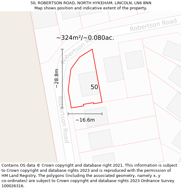 50, ROBERTSON ROAD, NORTH HYKEHAM, LINCOLN, LN6 8NN: Plot and title map