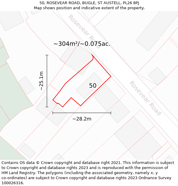 50, ROSEVEAR ROAD, BUGLE, ST AUSTELL, PL26 8PJ: Plot and title map