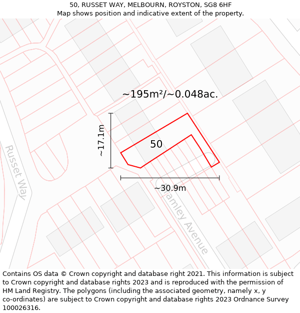 50, RUSSET WAY, MELBOURN, ROYSTON, SG8 6HF: Plot and title map