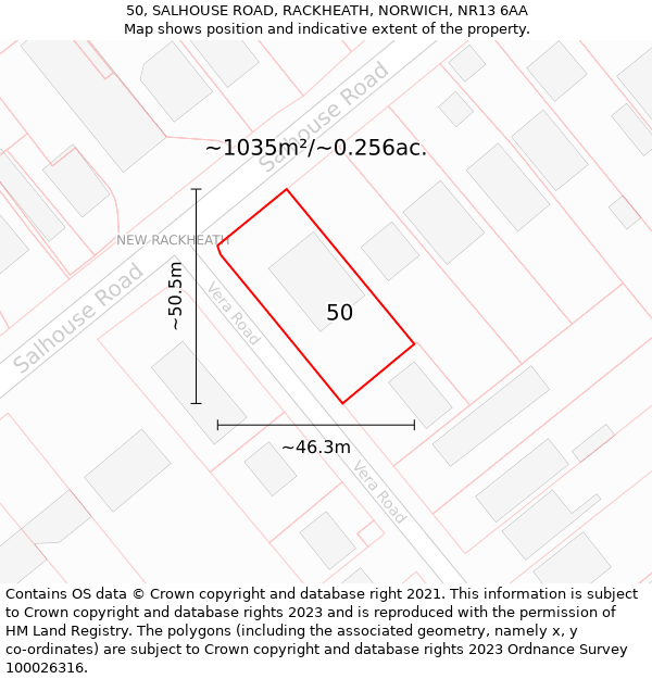 50, SALHOUSE ROAD, RACKHEATH, NORWICH, NR13 6AA: Plot and title map