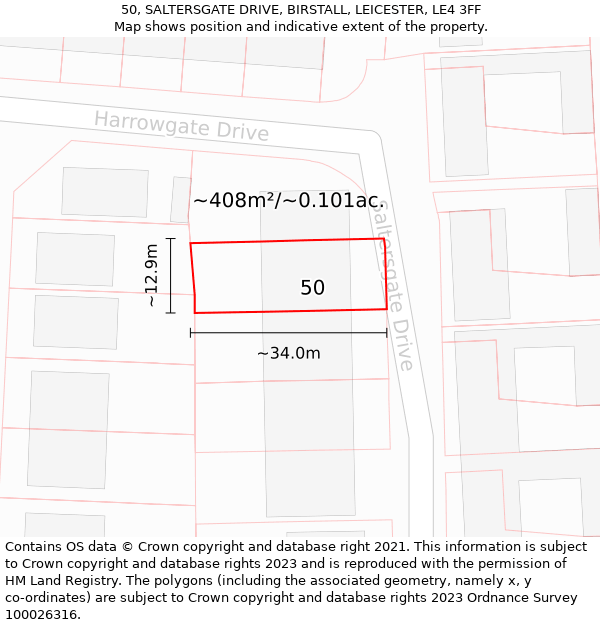 50, SALTERSGATE DRIVE, BIRSTALL, LEICESTER, LE4 3FF: Plot and title map