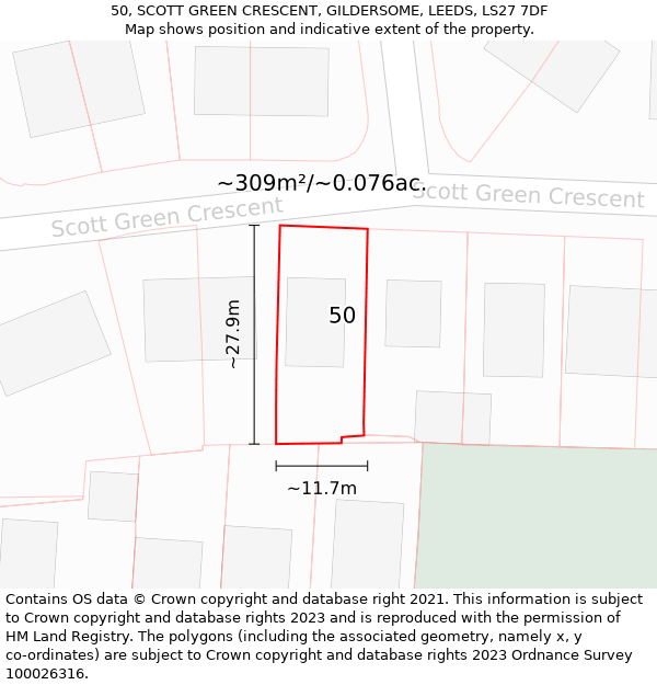 50, SCOTT GREEN CRESCENT, GILDERSOME, LEEDS, LS27 7DF: Plot and title map