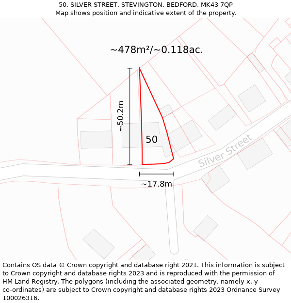 50, SILVER STREET, STEVINGTON, BEDFORD, MK43 7QP: Plot and title map