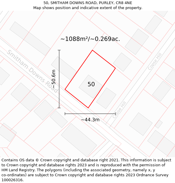 50, SMITHAM DOWNS ROAD, PURLEY, CR8 4NE: Plot and title map