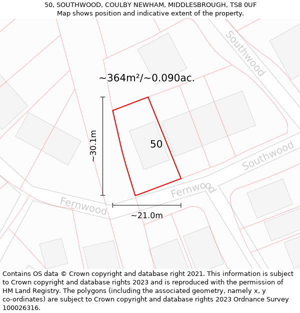 50, SOUTHWOOD, COULBY NEWHAM, MIDDLESBROUGH, TS8 0UF: Plot and title map