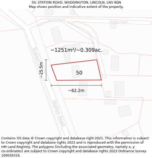 50, STATION ROAD, WADDINGTON, LINCOLN, LN5 9QN: Plot and title map