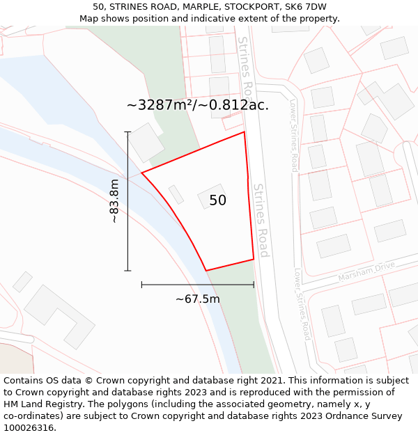 50, STRINES ROAD, MARPLE, STOCKPORT, SK6 7DW: Plot and title map