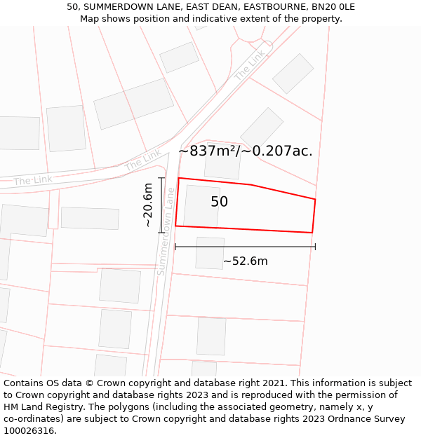 50, SUMMERDOWN LANE, EAST DEAN, EASTBOURNE, BN20 0LE: Plot and title map