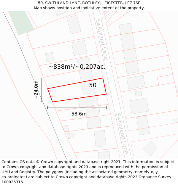 50, SWITHLAND LANE, ROTHLEY, LEICESTER, LE7 7SE: Plot and title map