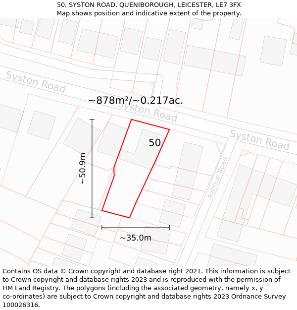50, SYSTON ROAD, QUENIBOROUGH, LEICESTER, LE7 3FX: Plot and title map