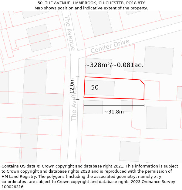 50, THE AVENUE, HAMBROOK, CHICHESTER, PO18 8TY: Plot and title map