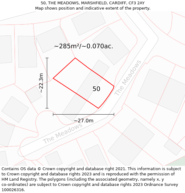 50, THE MEADOWS, MARSHFIELD, CARDIFF, CF3 2AY: Plot and title map