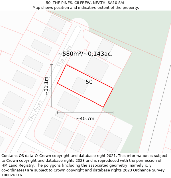 50, THE PINES, CILFREW, NEATH, SA10 8AL: Plot and title map