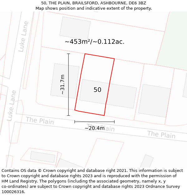 50, THE PLAIN, BRAILSFORD, ASHBOURNE, DE6 3BZ: Plot and title map