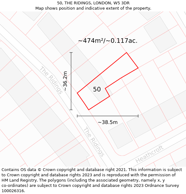 50, THE RIDINGS, LONDON, W5 3DR: Plot and title map