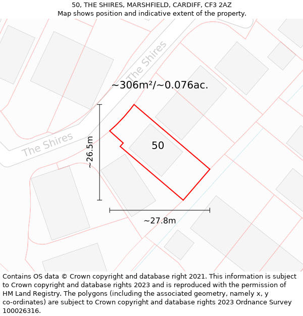 50, THE SHIRES, MARSHFIELD, CARDIFF, CF3 2AZ: Plot and title map