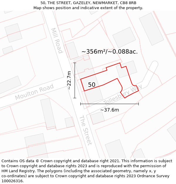 50, THE STREET, GAZELEY, NEWMARKET, CB8 8RB: Plot and title map