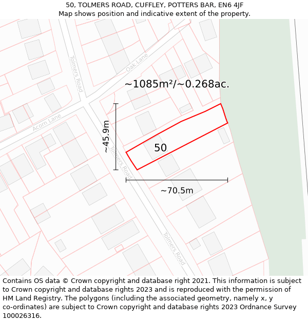 50, TOLMERS ROAD, CUFFLEY, POTTERS BAR, EN6 4JF: Plot and title map