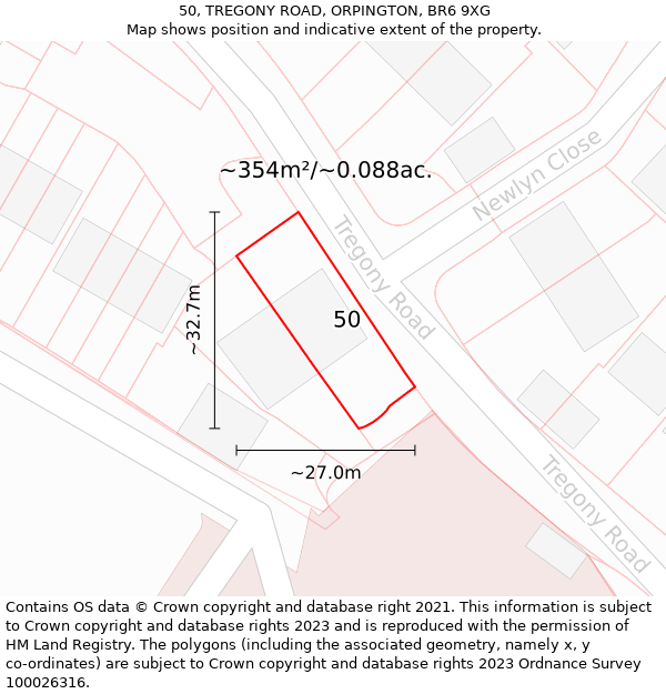 50, TREGONY ROAD, ORPINGTON, BR6 9XG: Plot and title map