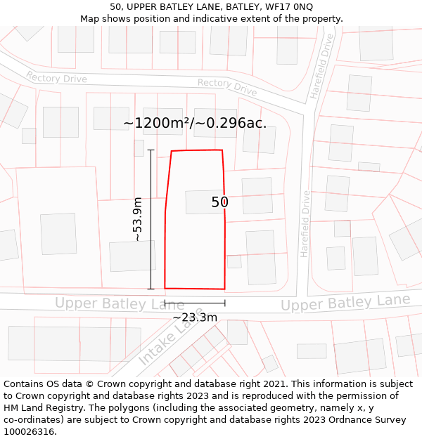 50, UPPER BATLEY LANE, BATLEY, WF17 0NQ: Plot and title map