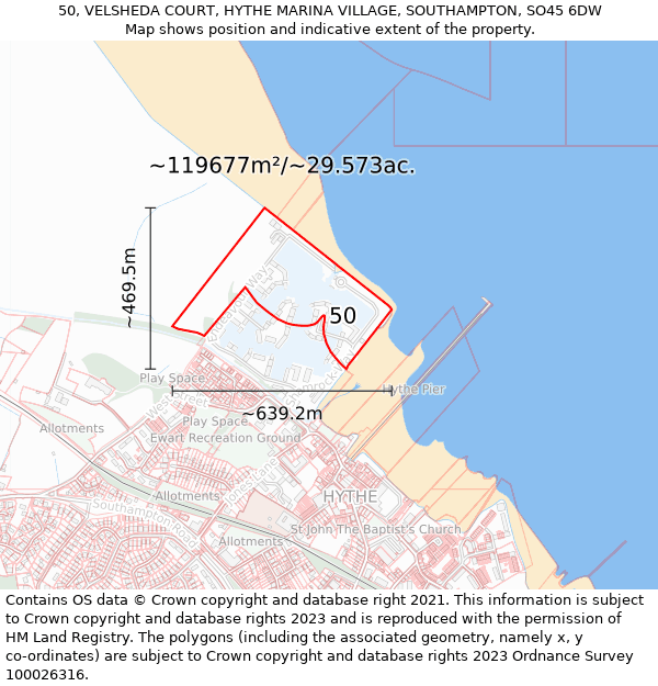 50, VELSHEDA COURT, HYTHE MARINA VILLAGE, SOUTHAMPTON, SO45 6DW: Plot and title map