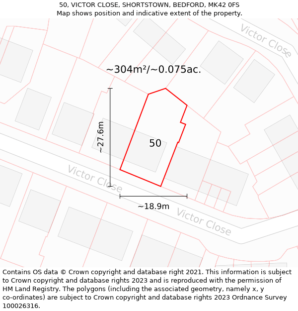 50, VICTOR CLOSE, SHORTSTOWN, BEDFORD, MK42 0FS: Plot and title map