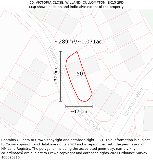 50, VICTORIA CLOSE, WILLAND, CULLOMPTON, EX15 2PD: Plot and title map