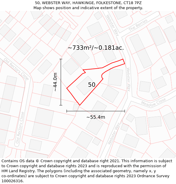50, WEBSTER WAY, HAWKINGE, FOLKESTONE, CT18 7PZ: Plot and title map