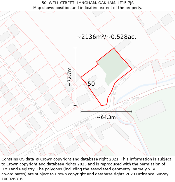 50, WELL STREET, LANGHAM, OAKHAM, LE15 7JS: Plot and title map