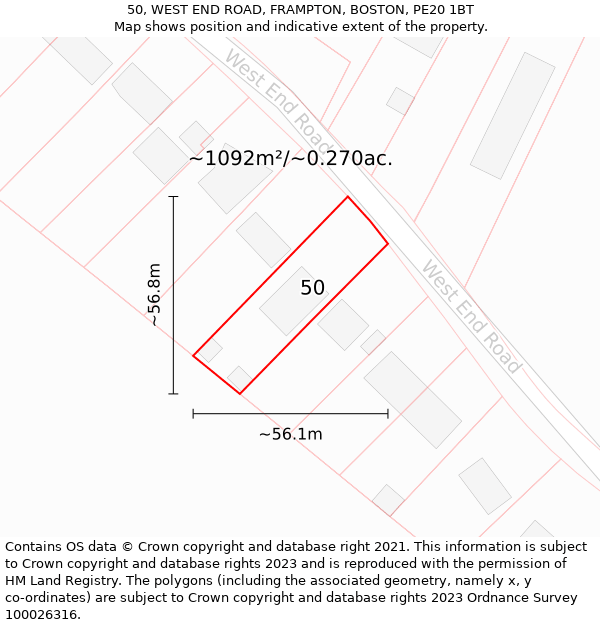 50, WEST END ROAD, FRAMPTON, BOSTON, PE20 1BT: Plot and title map