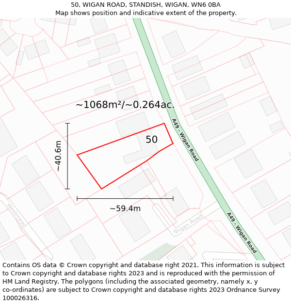 50, WIGAN ROAD, STANDISH, WIGAN, WN6 0BA: Plot and title map