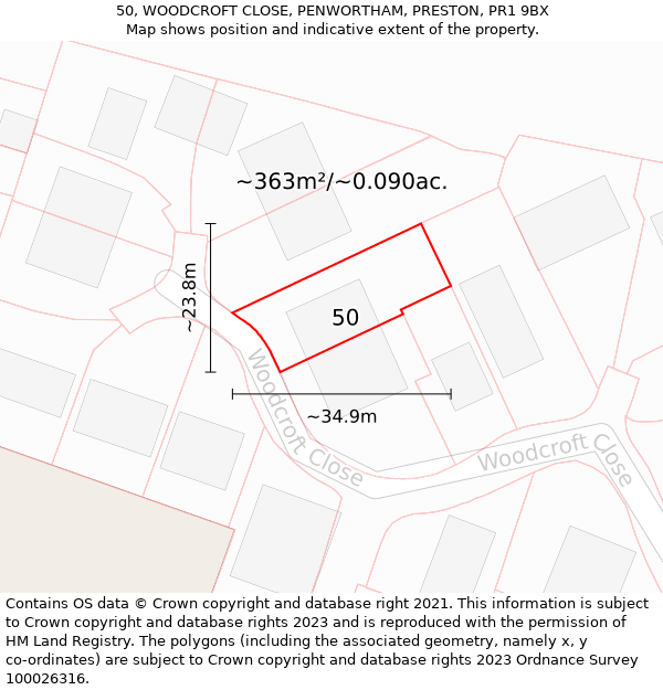 50, WOODCROFT CLOSE, PENWORTHAM, PRESTON, PR1 9BX: Plot and title map