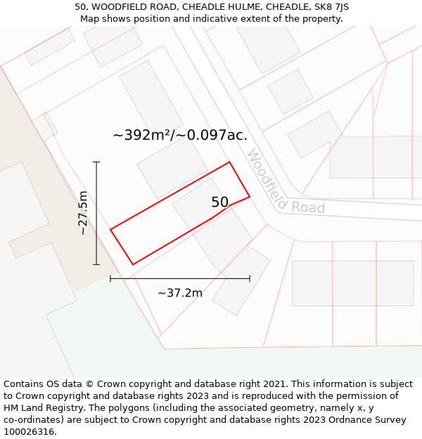 50, WOODFIELD ROAD, CHEADLE HULME, CHEADLE, SK8 7JS: Plot and title map