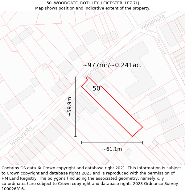 50, WOODGATE, ROTHLEY, LEICESTER, LE7 7LJ: Plot and title map