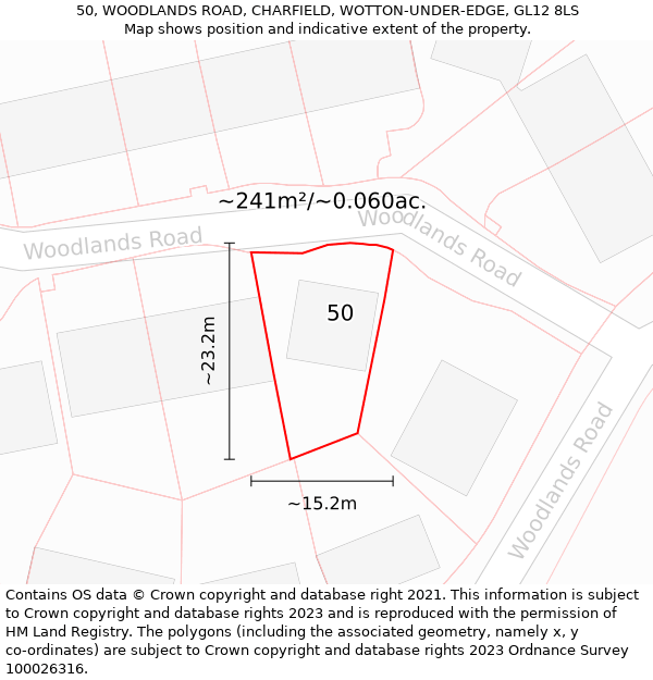 50, WOODLANDS ROAD, CHARFIELD, WOTTON-UNDER-EDGE, GL12 8LS: Plot and title map